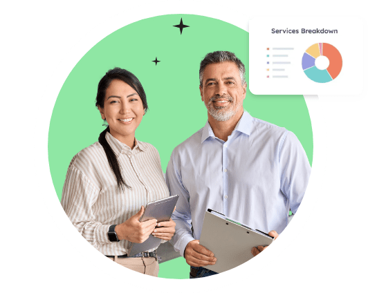 Man and woman smiling inside a green circle. A non-descriptive pie chart is above them called service breakdown.