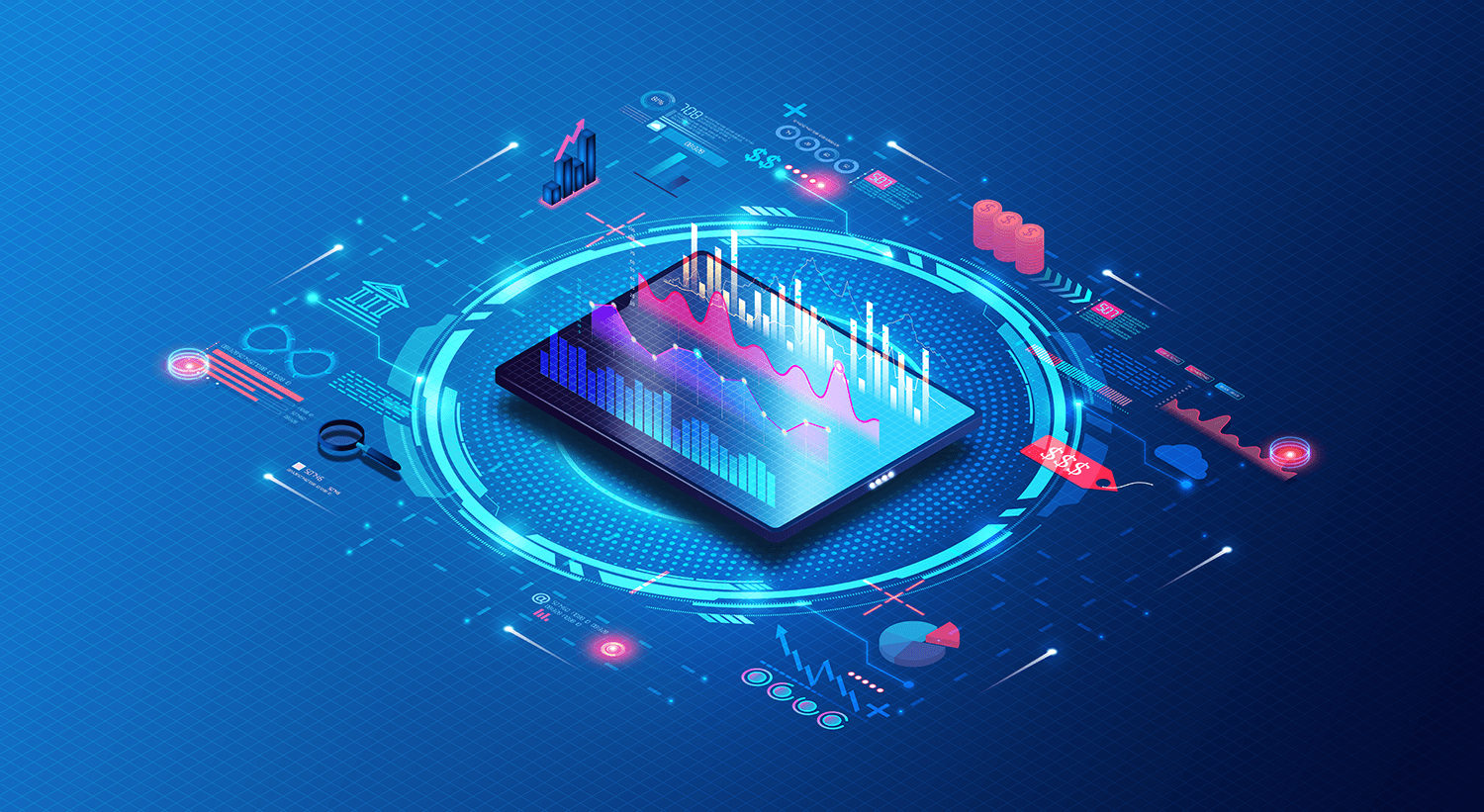 Tablet with graphs and data coming out of it